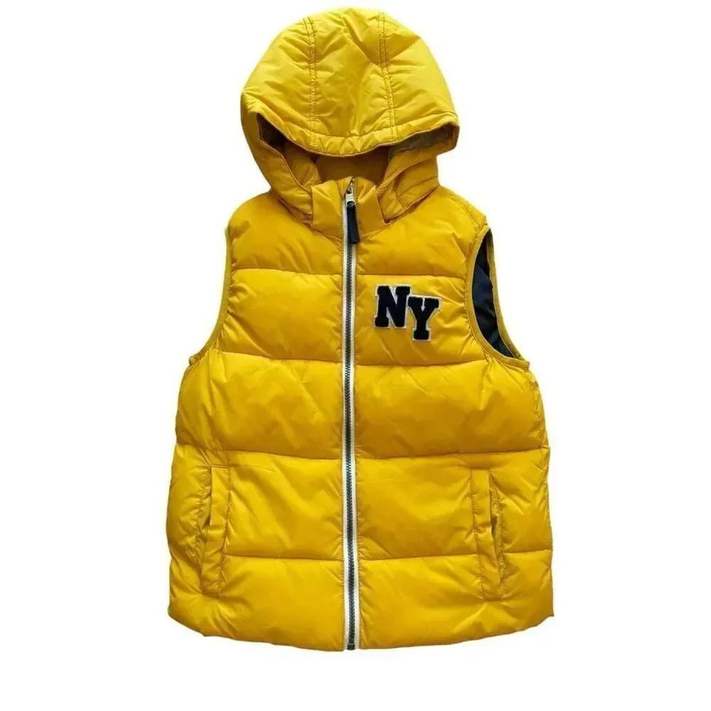 H&M Yellow NY Youth Puffer Vest Jacket Removable Hood SZ 8-10 #2233